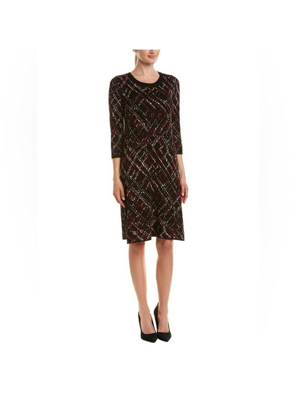 Neiman Marcus Black and Red Plaid 3/4 Sleeve Sweater Dress